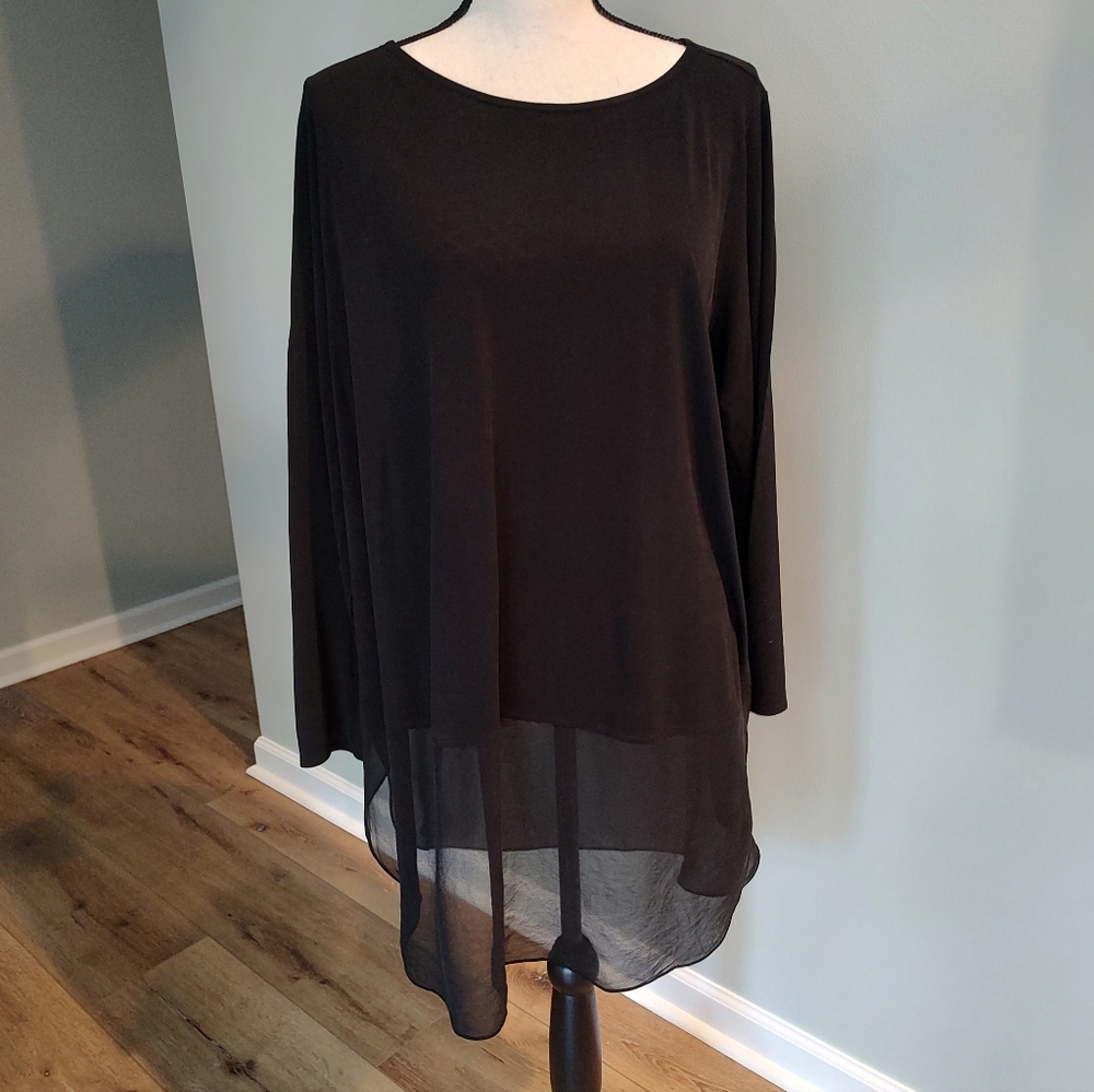 Eileen Fisher Woman 100% Silk Tunic Top Long Sleeve With Sheer Hem Black 2X - Picture 2 of 12